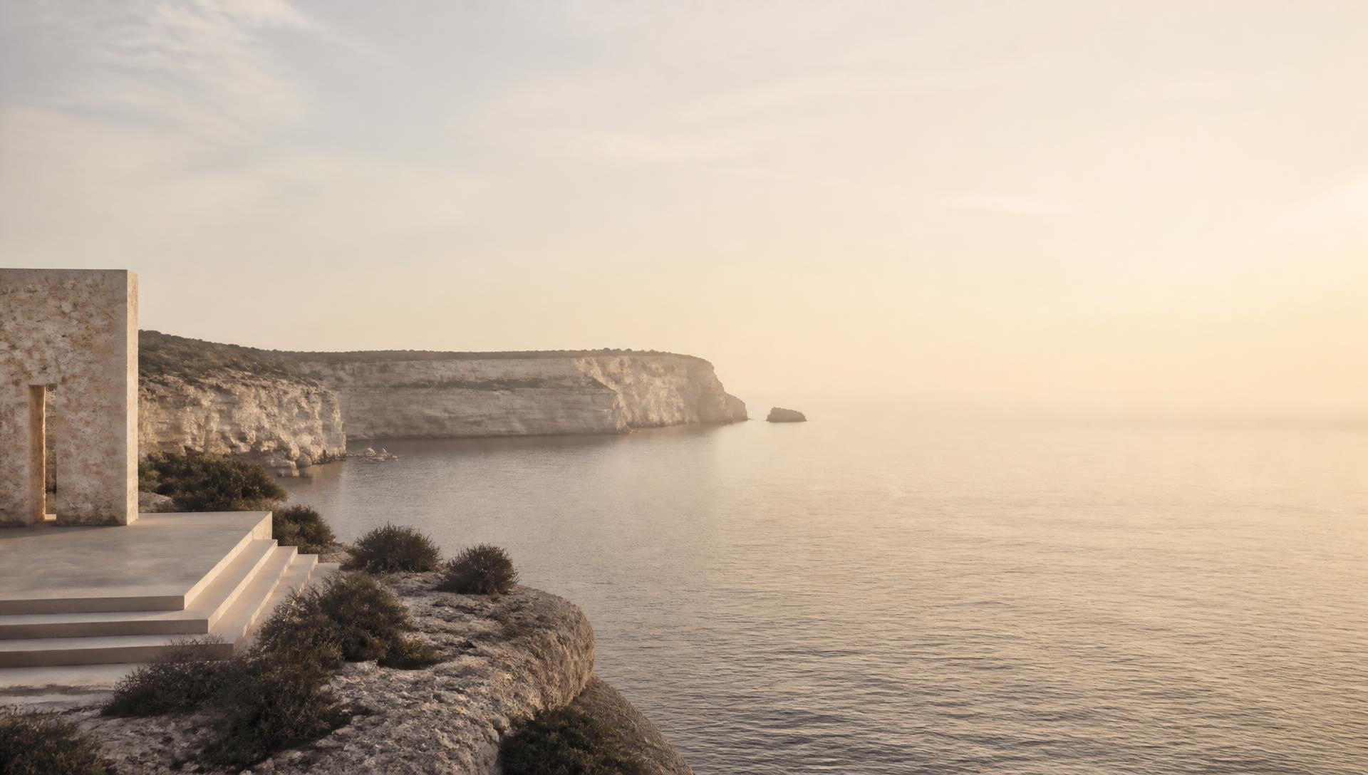 Costa mediterránea de piedra clara con luz suave del amanecer